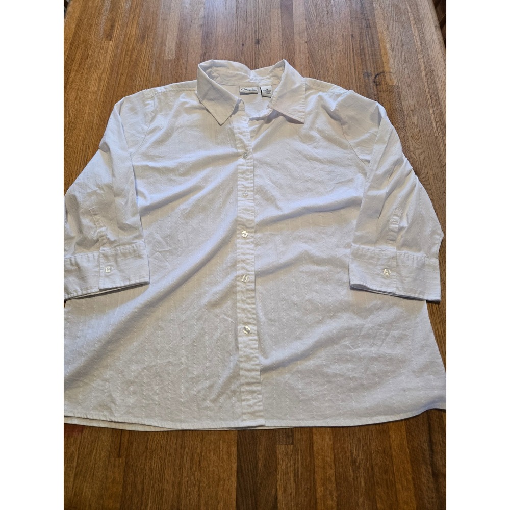 Kim Rogers‎ Women 1X White Vertical Stripe 3/4 Sleeve Collared Button Down Top